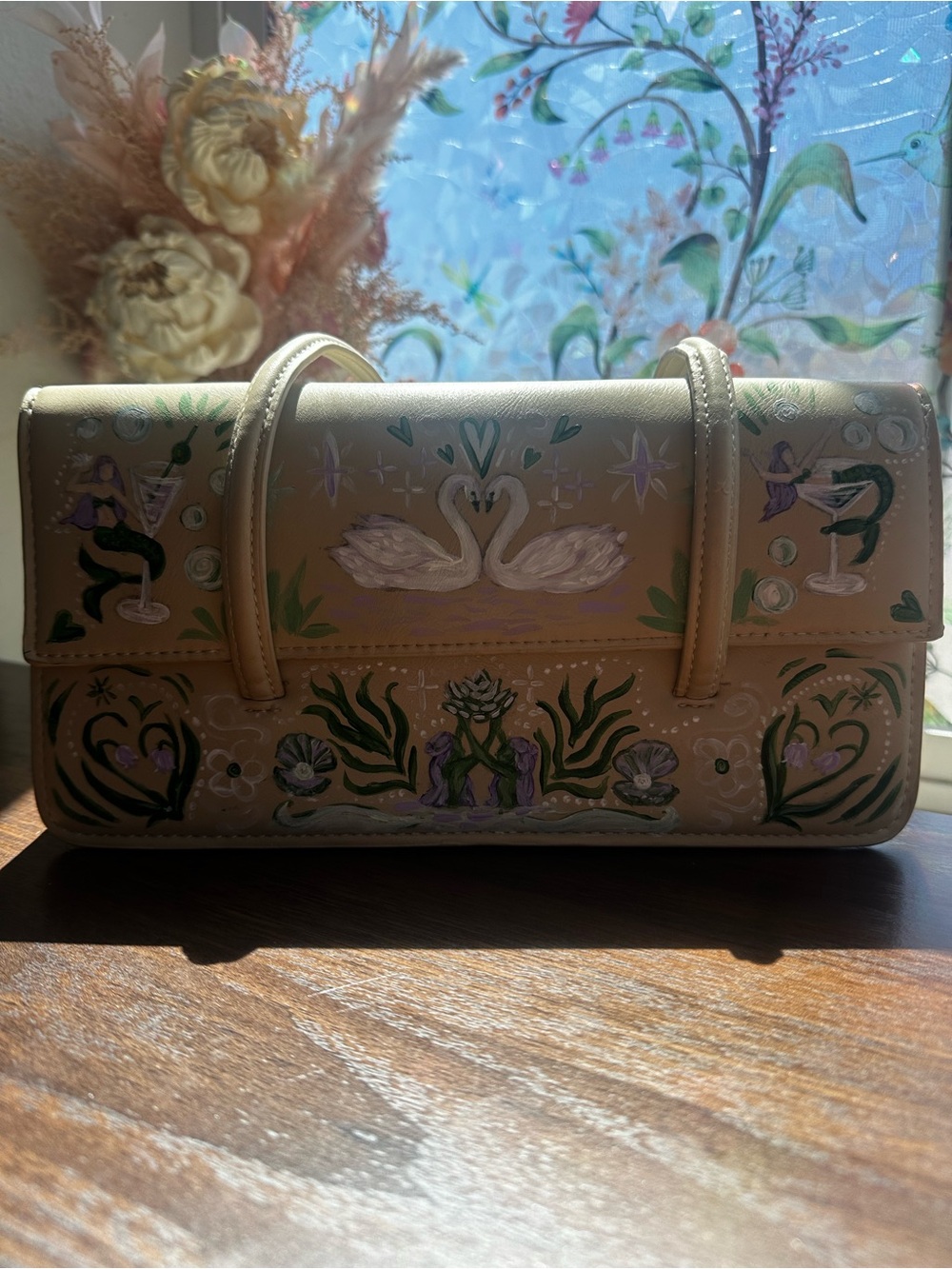 Mermaid Swan Art Bag Vintage MNG Hand Painted Vegan Leather - Picture 14 of 16